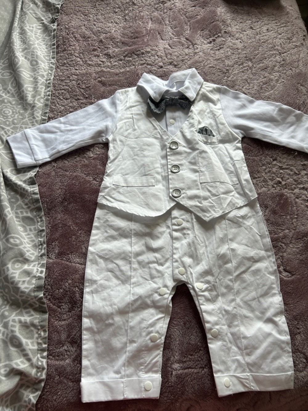 Baby White Dress-Style Romper with Bow Tie